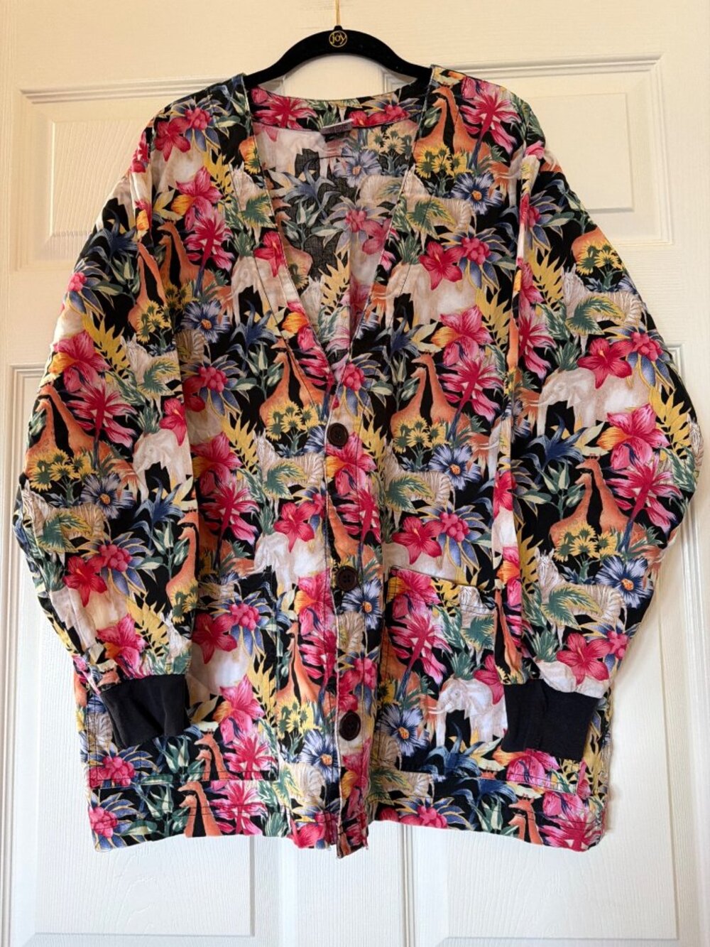 S.C.R.U.B.S. Womens Button-Front Cardigan Jacket Tropical Animal Print 100% Cott
